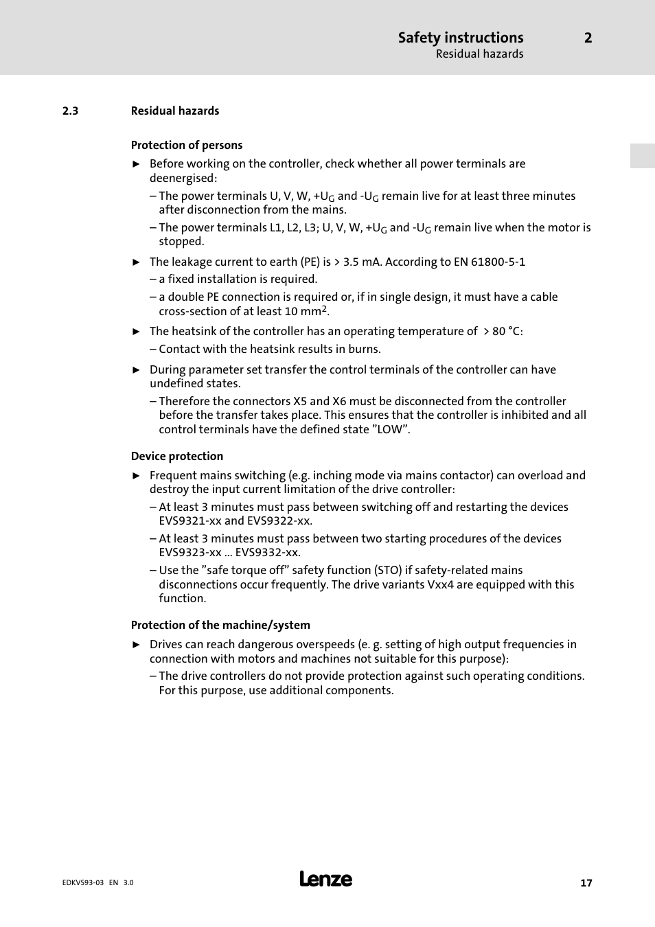 Residual hazards, Safety instructions | Lenze VS9332−xx User Manual | Page 17 / 46