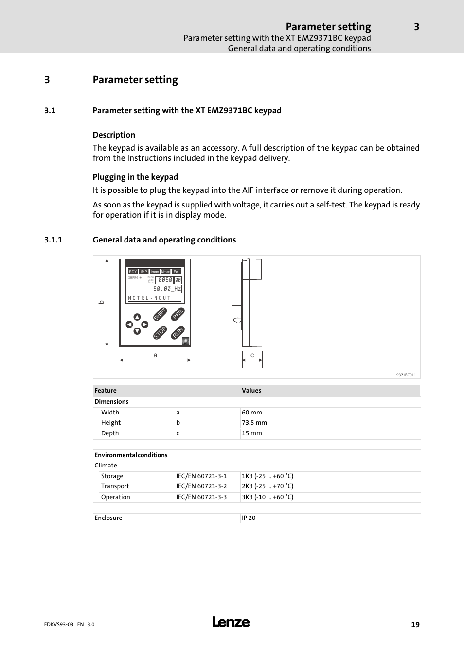 Parameter setting, Parameter setting with the xt emz9371bc keypad, General data and operating conditions | 3parameter setting | Lenze VS9332−xx User Manual | Page 19 / 46
