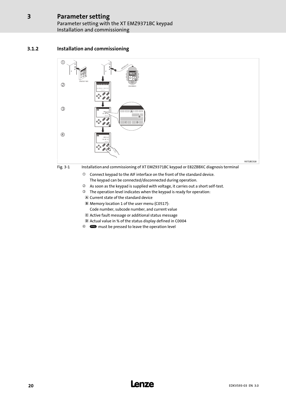 Installation and commissioning, Display elements and function keys, Parameter setting | 2 installation and commissioning, Pshprg para code menu, Para code menu, V must be pressed to leave the operation level | Lenze VS9332−xx User Manual | Page 20 / 46