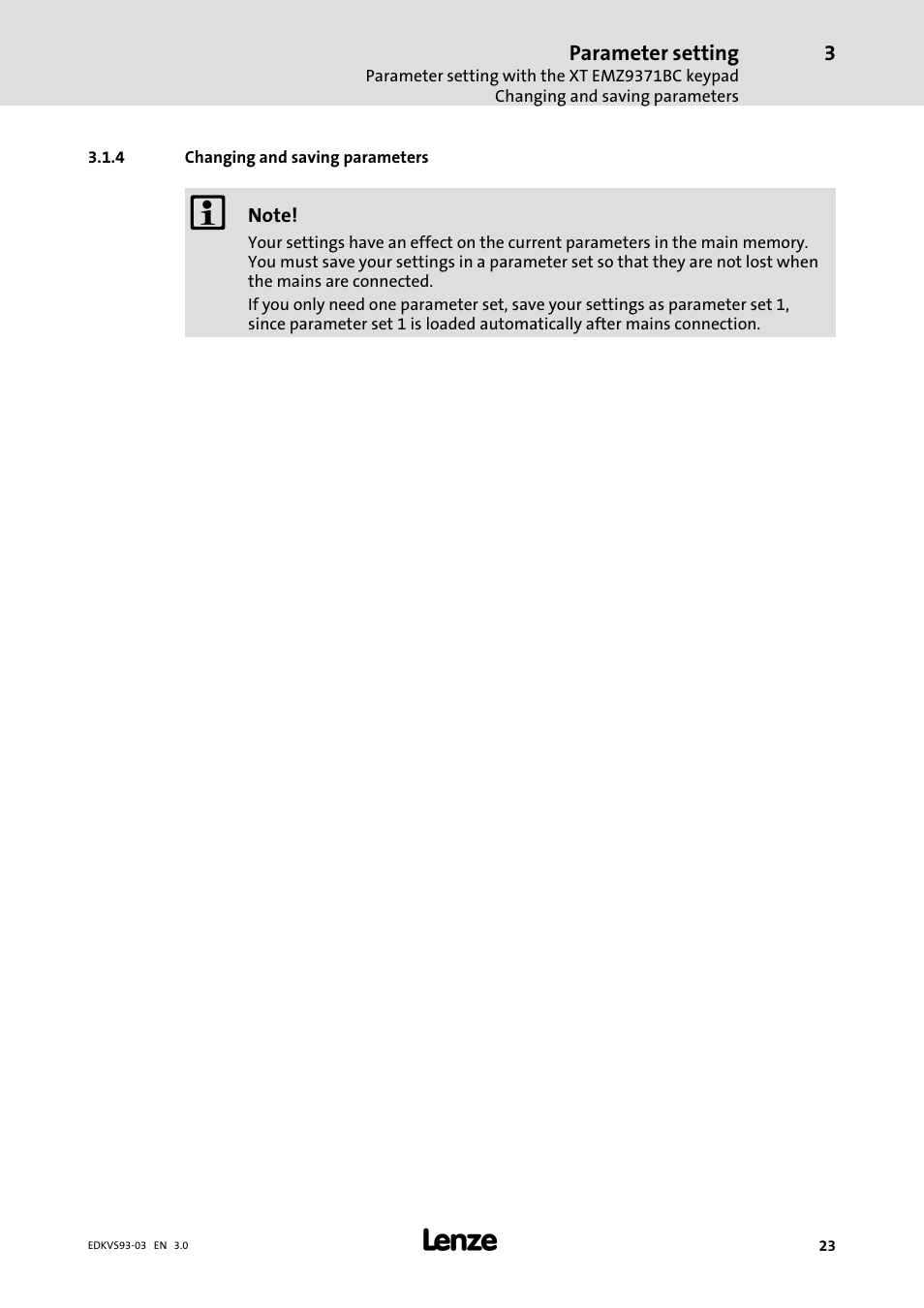 Changing and saving parameters | Lenze VS9332−xx User Manual | Page 23 / 46