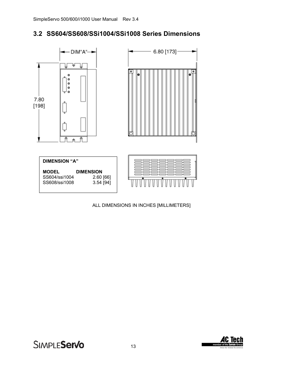 Ss604/ss608/ssi1004/ssi1008 series dimensions | Lenze IMSS500+ Simple Servo 500 600 i1000 User Manual | Page 13 / 83