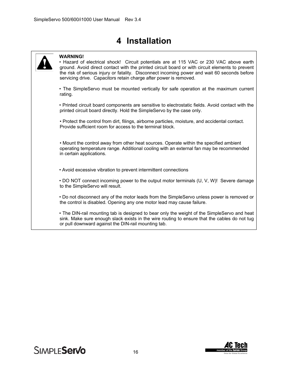 Installation, 4 installation | Lenze IMSS500+ Simple Servo 500 600 i1000 User Manual | Page 16 / 83