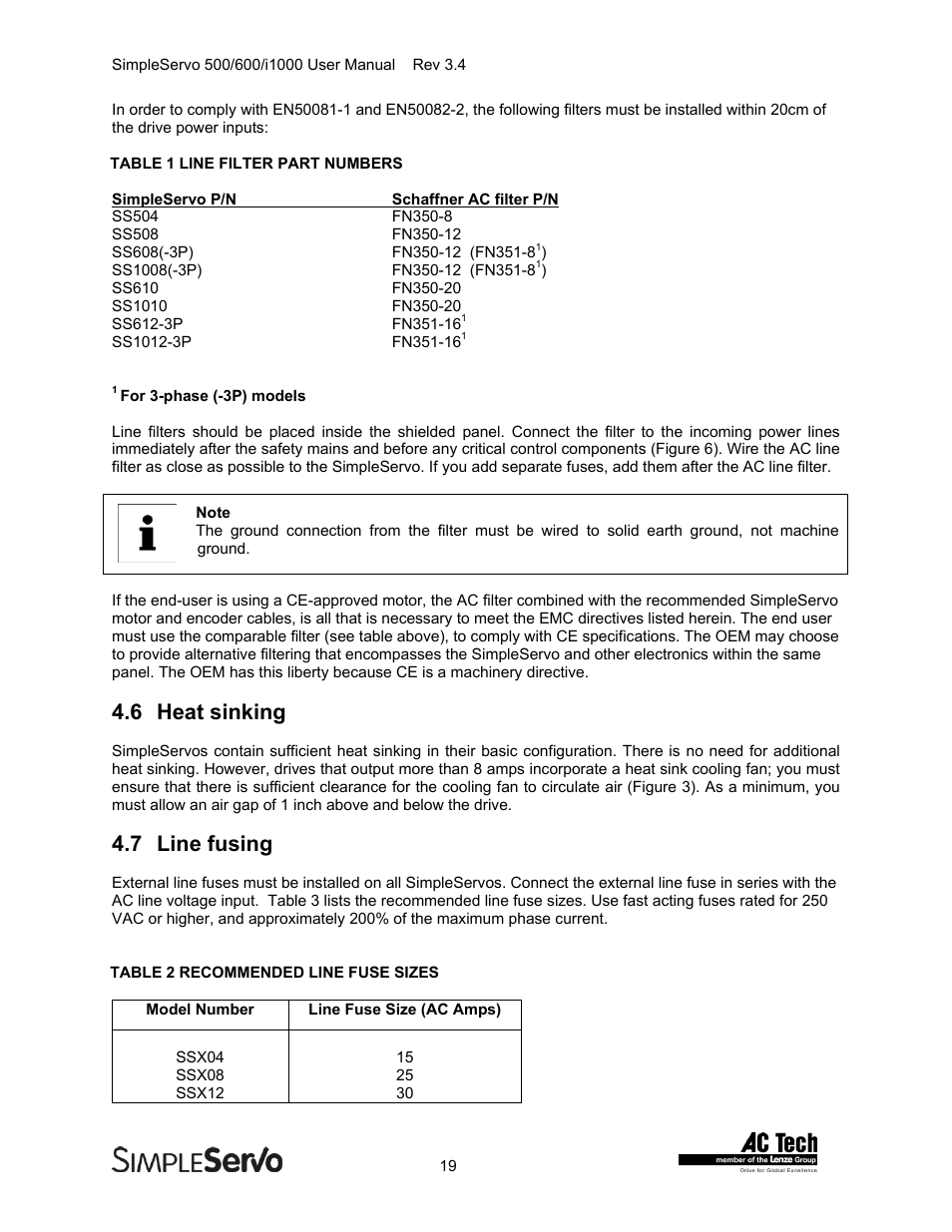 Heat sinking, Line fusing, 6 heat sinking | 7 line fusing | Lenze IMSS500+ Simple Servo 500 600 i1000 User Manual | Page 19 / 83