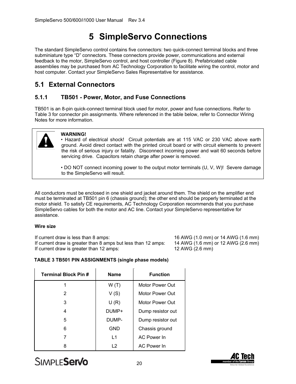 Simpleservo connections, External connectors, Tb501 - power, motor, and fuse connections | 5 simpleservo connections, 1 external connectors | Lenze IMSS500+ Simple Servo 500 600 i1000 User Manual | Page 20 / 83