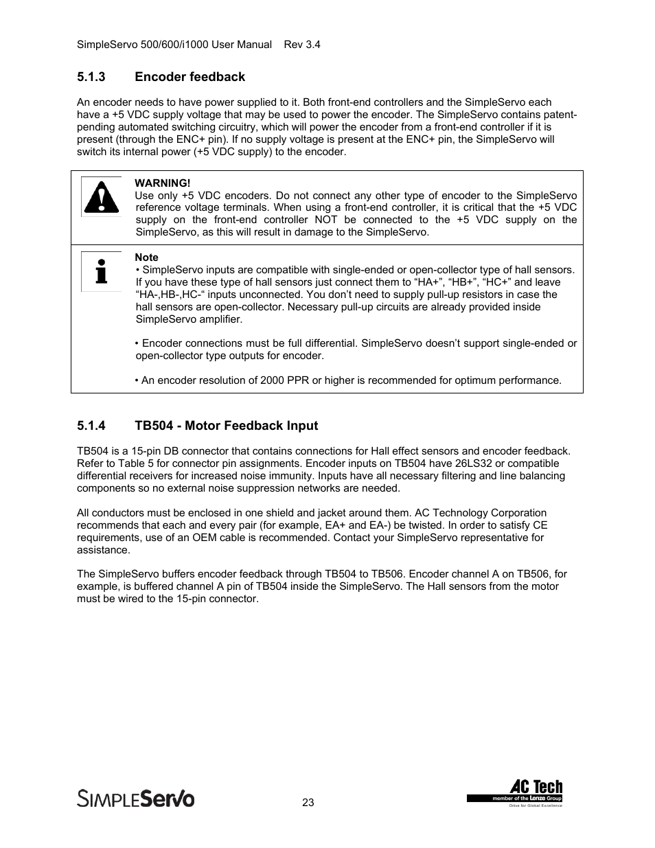 Encoder feedback, Tb504 - motor feedback input | Lenze IMSS500+ Simple Servo 500 600 i1000 User Manual | Page 23 / 83