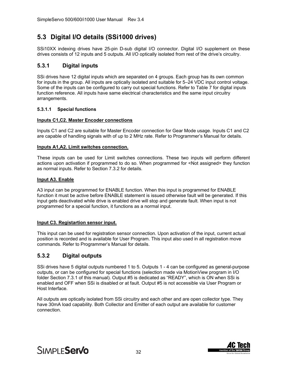 Digital i/o details (ssi1000 drives), Special functions, Digital inputs | Digital outputs | Lenze IMSS500+ Simple Servo 500 600 i1000 User Manual | Page 32 / 83