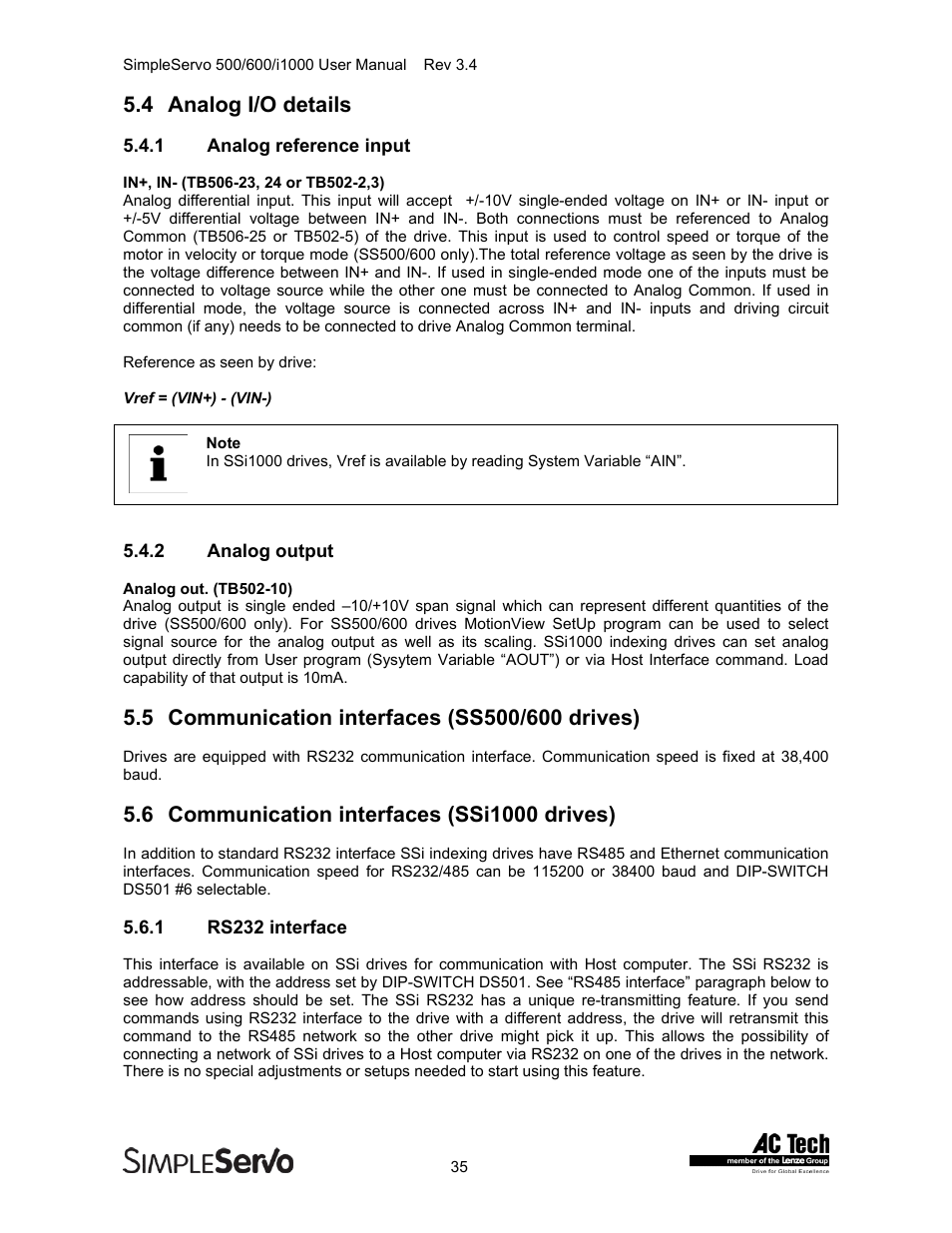 Analog i/o details, Communication interfaces (ss500/600 drives), Communication interfaces (ssi1000 drives) | Analog reference input, Analog output, Rs232 interface, 4 analog i/o details | Lenze IMSS500+ Simple Servo 500 600 i1000 User Manual | Page 35 / 83