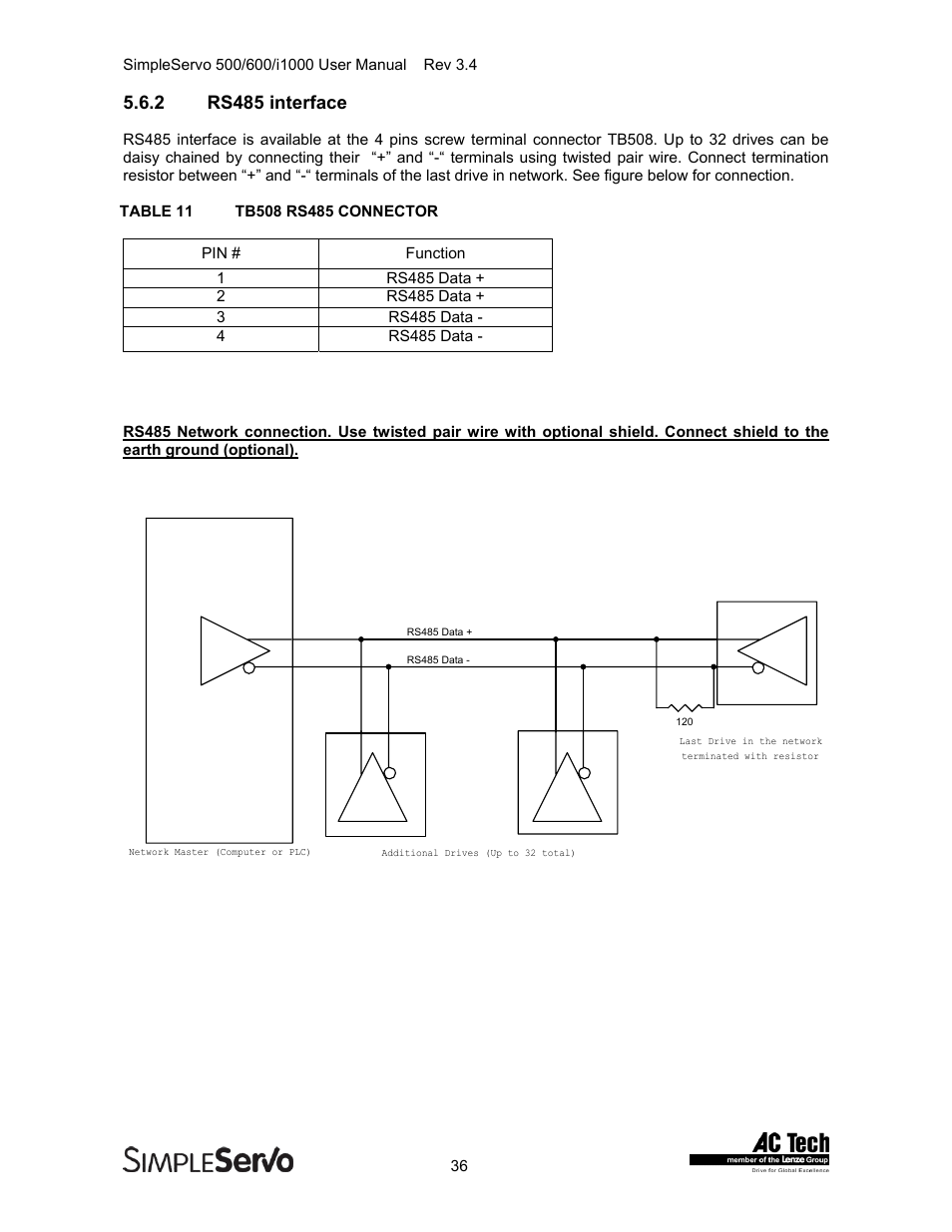 Rs485 interface, 2 rs485 interface | Lenze IMSS500+ Simple Servo 500 600 i1000 User Manual | Page 36 / 83