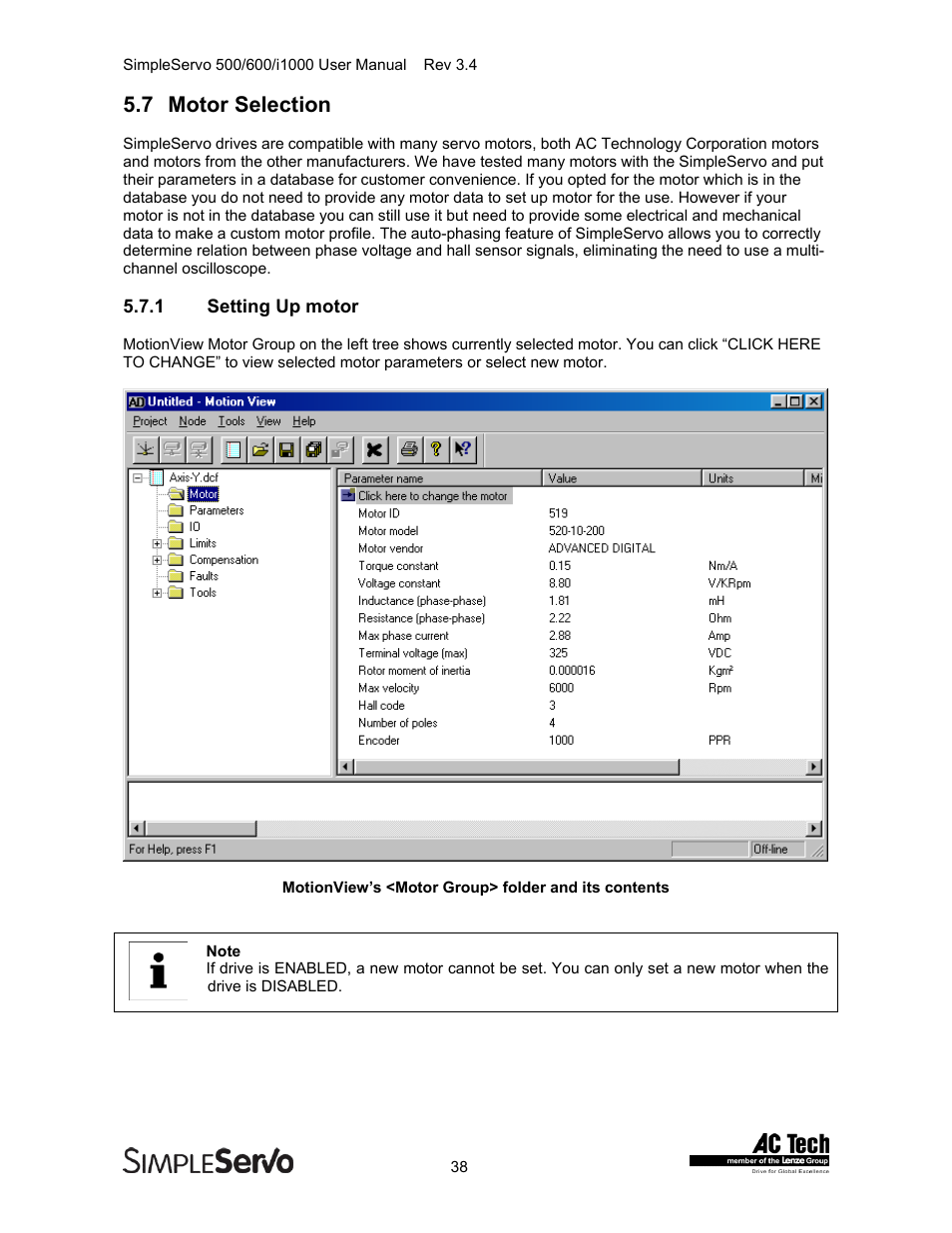 Motor selection, Setting up motor, 7 motor selection | Lenze IMSS500+ Simple Servo 500 600 i1000 User Manual | Page 38 / 83