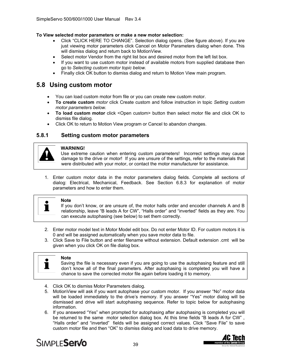 Using custom motor, Setting custom motor parameters, 8 using custom motor | Lenze IMSS500+ Simple Servo 500 600 i1000 User Manual | Page 39 / 83