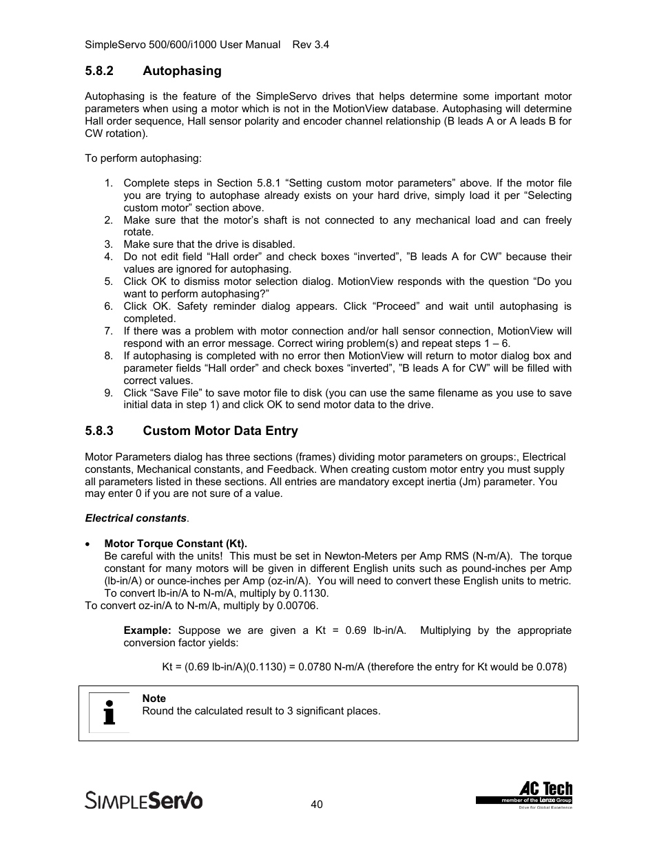 Autophasing, Custom motor data entry | Lenze IMSS500+ Simple Servo 500 600 i1000 User Manual | Page 40 / 83