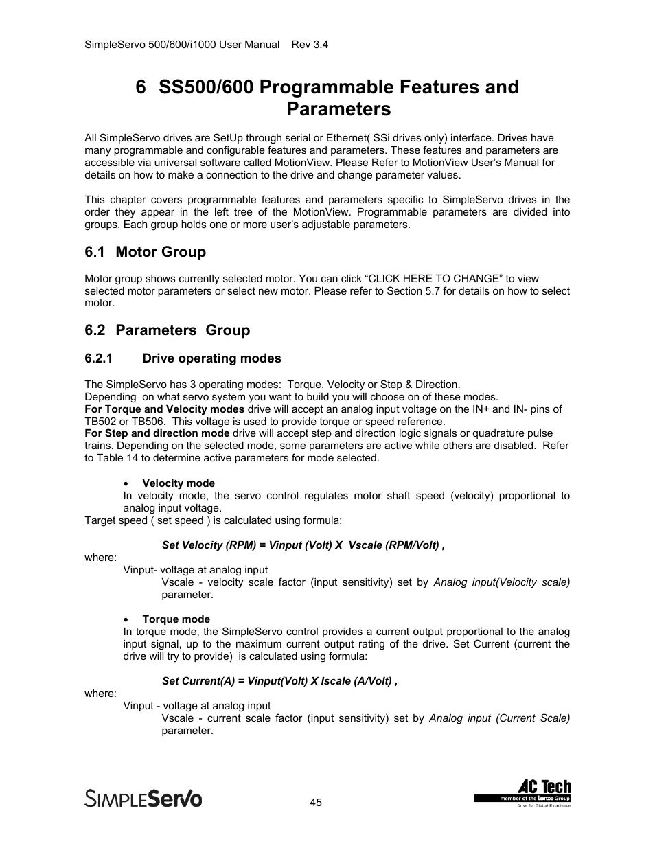 Ss500/600 programmable features and parameters, Motor group, Parameters group | Drive operating modes, 1 motor group, 2 parameters group | Lenze IMSS500+ Simple Servo 500 600 i1000 User Manual | Page 45 / 83