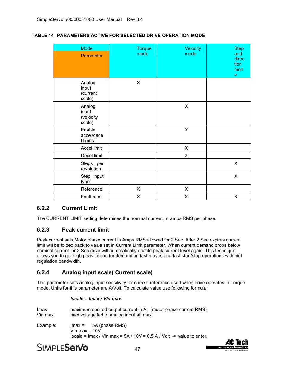 Current limit, Peak current limit, Analog input scale( current scale) | Lenze IMSS500+ Simple Servo 500 600 i1000 User Manual | Page 47 / 83