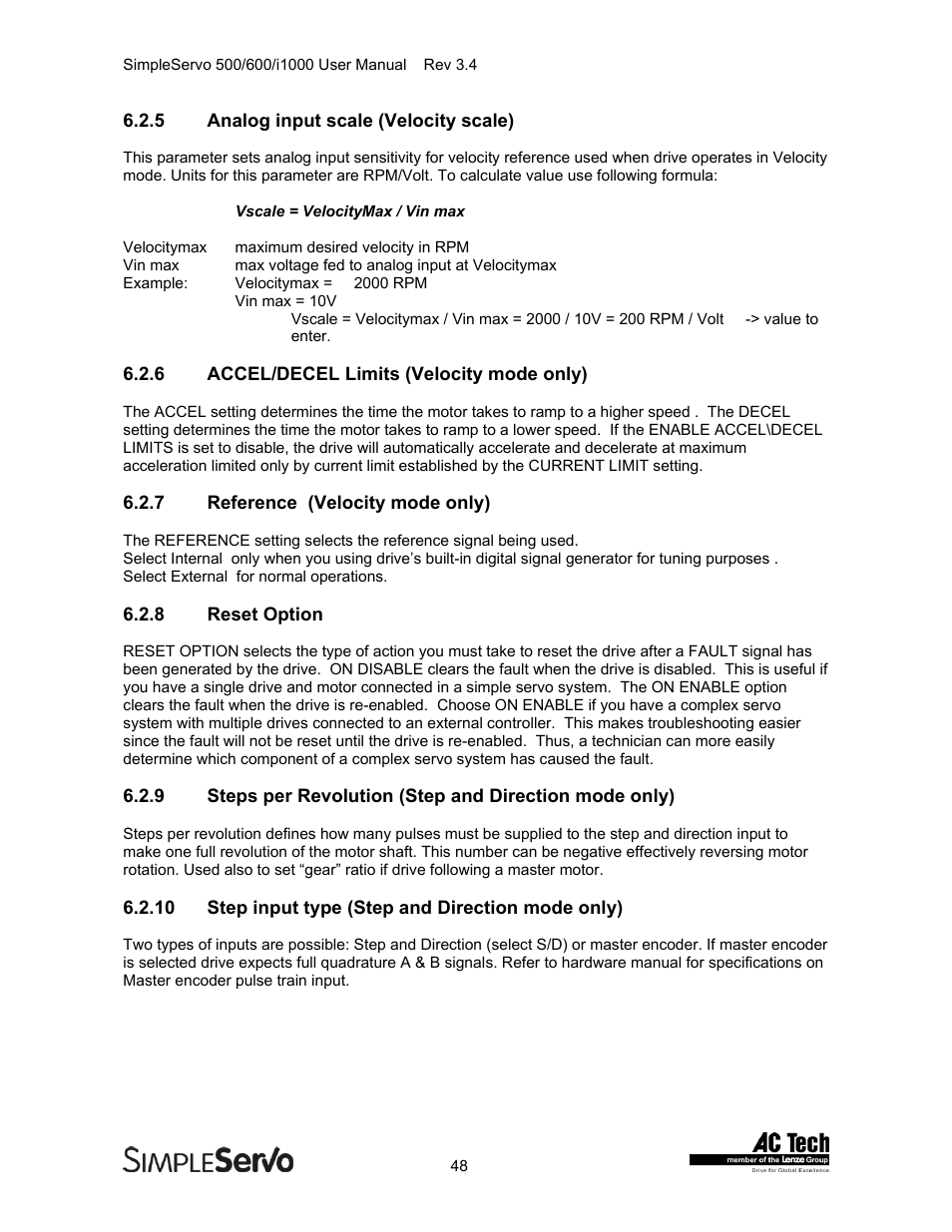 Accel/decel limits (velocity mode only), Analog input scale (velocity scale), Reference (velocity mode only) | Reset option, Step input type (step and direction mode only) | Lenze IMSS500+ Simple Servo 500 600 i1000 User Manual | Page 48 / 83