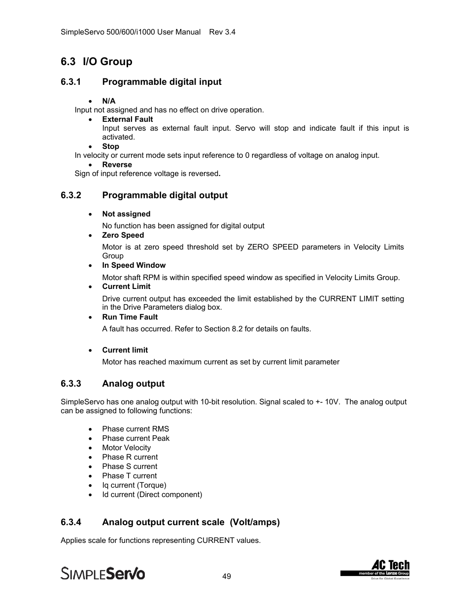 I/o group, Programmable digital input, Programmable digital output | Analog output, Analog output current scale (volt/amps), 3 i/o group | Lenze IMSS500+ Simple Servo 500 600 i1000 User Manual | Page 49 / 83