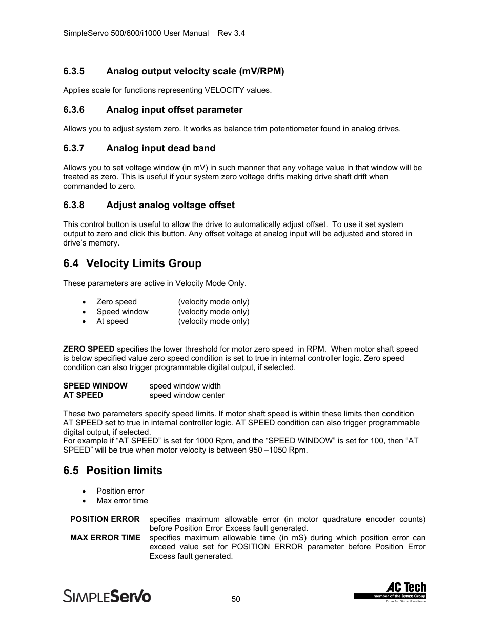 Velocity limits group, Position limits, Analog output velocity scale (mv/rpm) | Analog input offset parameter, Analog input dead band, Adjust analog voltage offset, 4 velocity limits group, 5 position limits | Lenze IMSS500+ Simple Servo 500 600 i1000 User Manual | Page 50 / 83