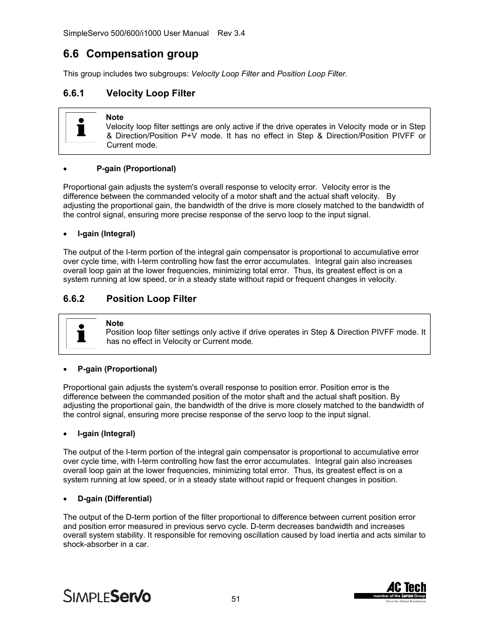 Compensation group, Velocity loop filter, Position loop filter | 6 compensation group | Lenze IMSS500+ Simple Servo 500 600 i1000 User Manual | Page 51 / 83