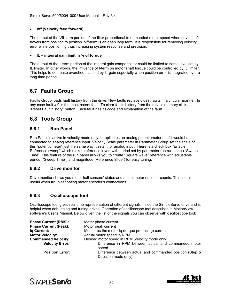 Faults group, Tools group, Run panel | Drive monitor, Oscilloscope tool, 7 faults group, 8 tools group | Lenze IMSS500+ Simple Servo 500 600 i1000 User Manual | Page 52 / 83