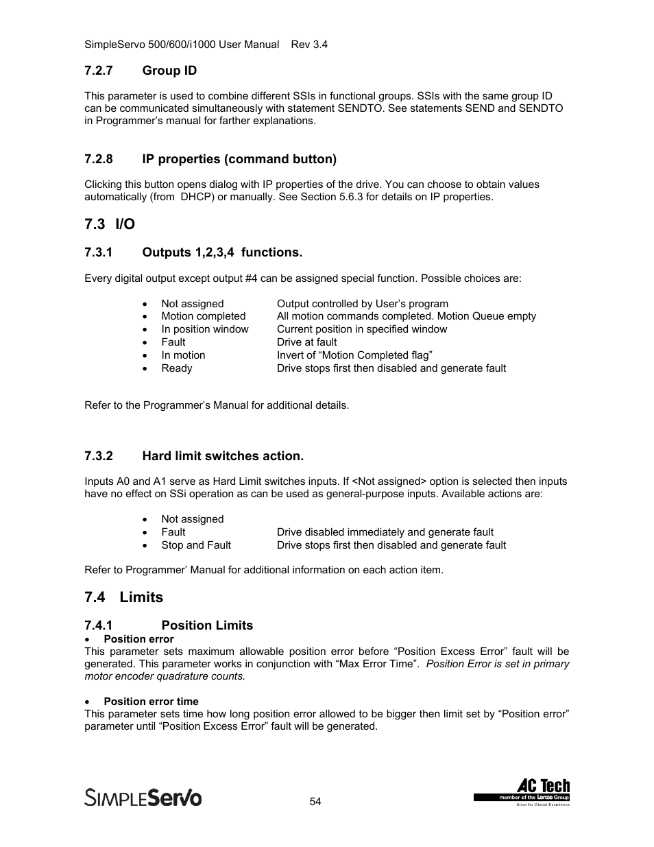 Group id, Limits, Ip properties (command button) | Outputs 1,2,3,4 functions, Hard limit switches action, Position limits, 3 i/o, 4 limits | Lenze IMSS500+ Simple Servo 500 600 i1000 User Manual | Page 54 / 83