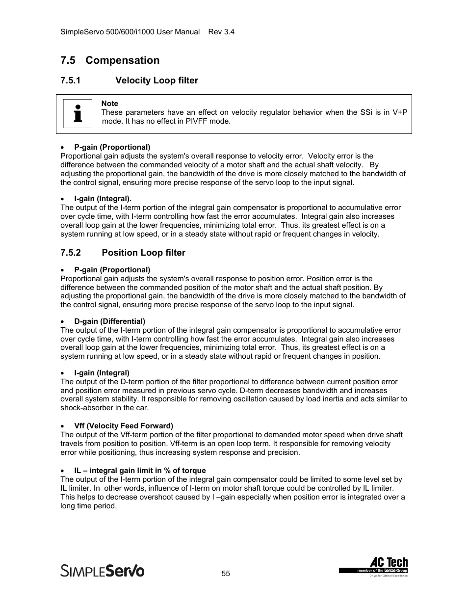 Compensation, Velocity loop filter, Position loop filter | 5 compensation | Lenze IMSS500+ Simple Servo 500 600 i1000 User Manual | Page 55 / 83