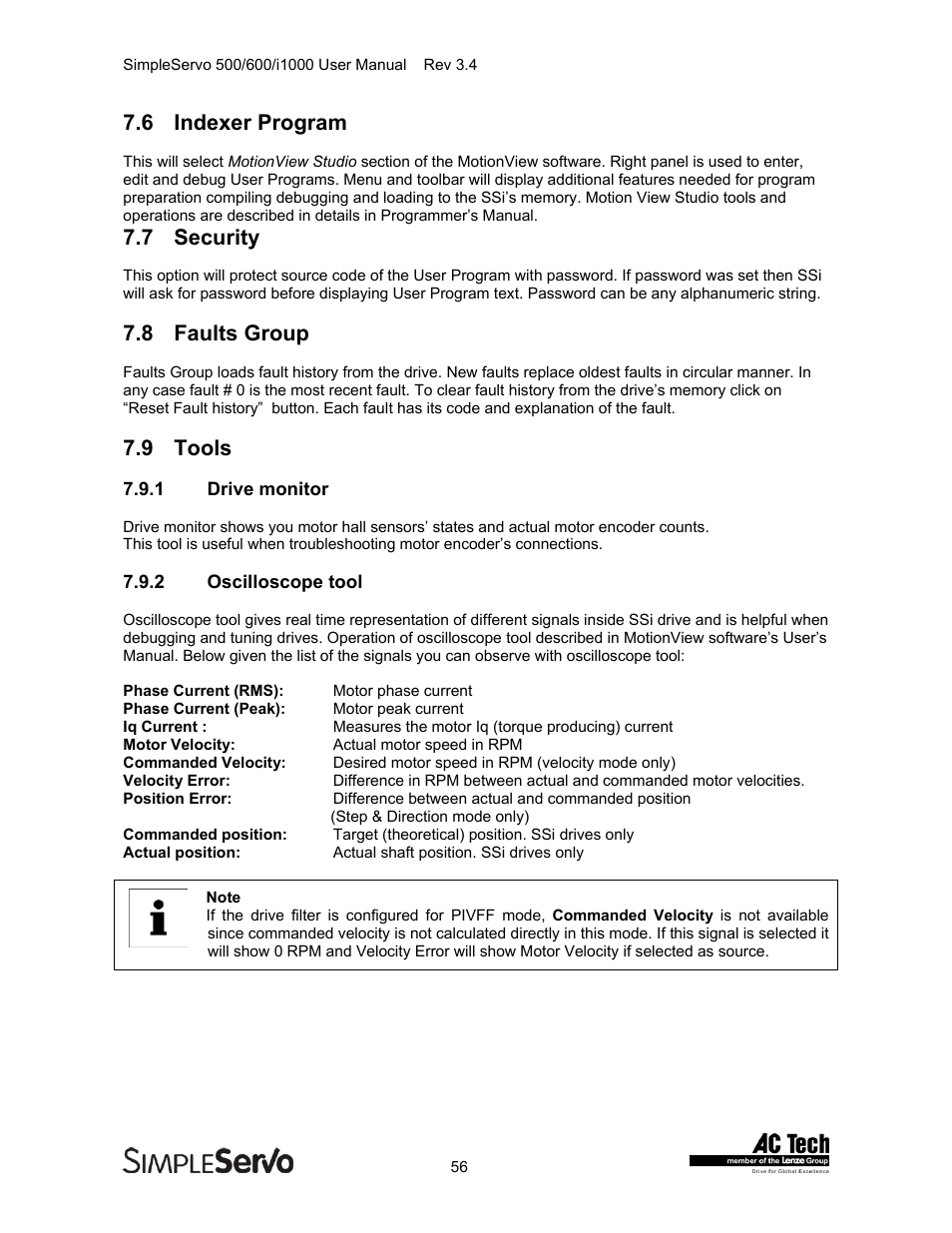 Indexer program, Security, Faults group | Tools, Drive monitor, Oscilloscope tool, 6 indexer program, 7 security, 8 faults group, 9 tools | Lenze IMSS500+ Simple Servo 500 600 i1000 User Manual | Page 56 / 83