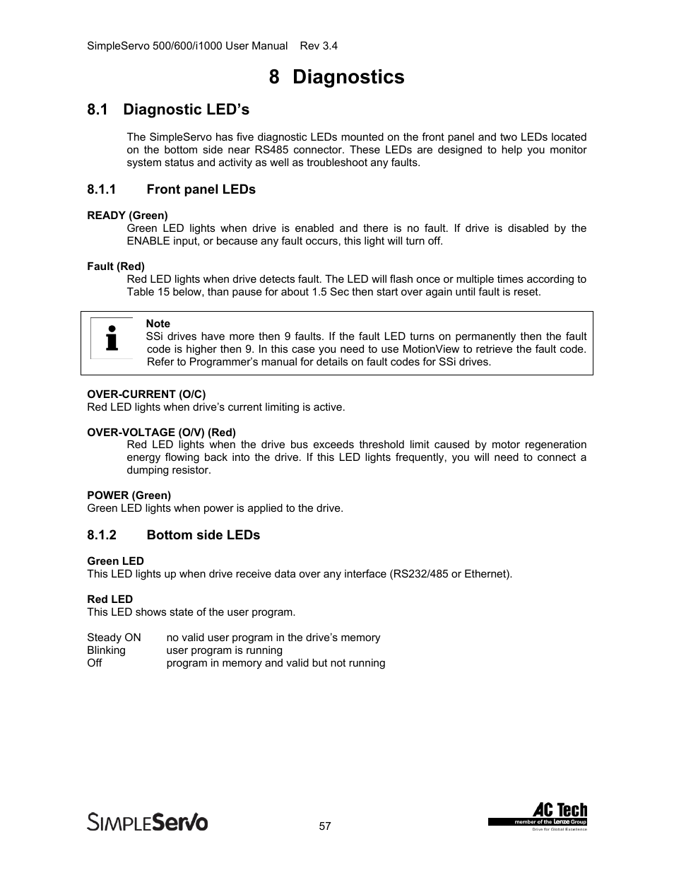 Diagnostics, Diagnostic led’s, Front panel leds | Bottom side leds, 8 diagnostics, 1 diagnostic led’s | Lenze IMSS500+ Simple Servo 500 600 i1000 User Manual | Page 57 / 83