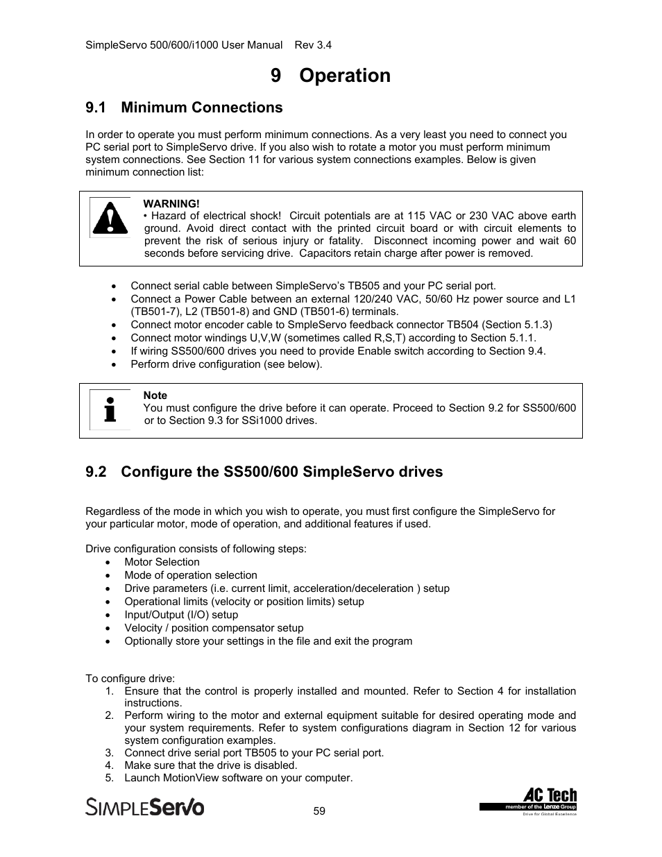 Operation, Minimum connections, Configure the ss500/600 simpleservo drives | 9 operation, 1 minimum connections | Lenze IMSS500+ Simple Servo 500 600 i1000 User Manual | Page 59 / 83