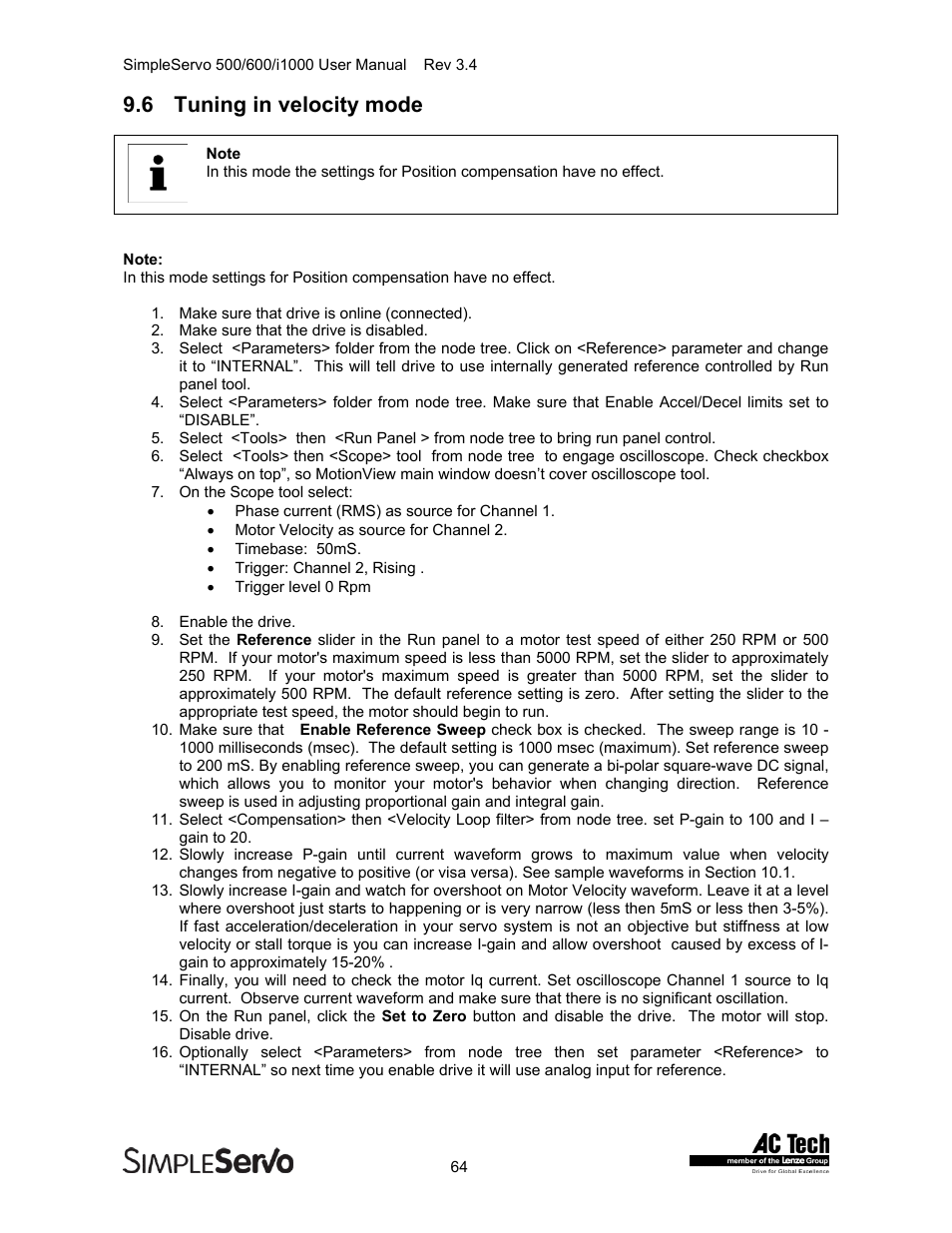 Tuning in velocity mode, 6 tuning in velocity mode | Lenze IMSS500+ Simple Servo 500 600 i1000 User Manual | Page 64 / 83