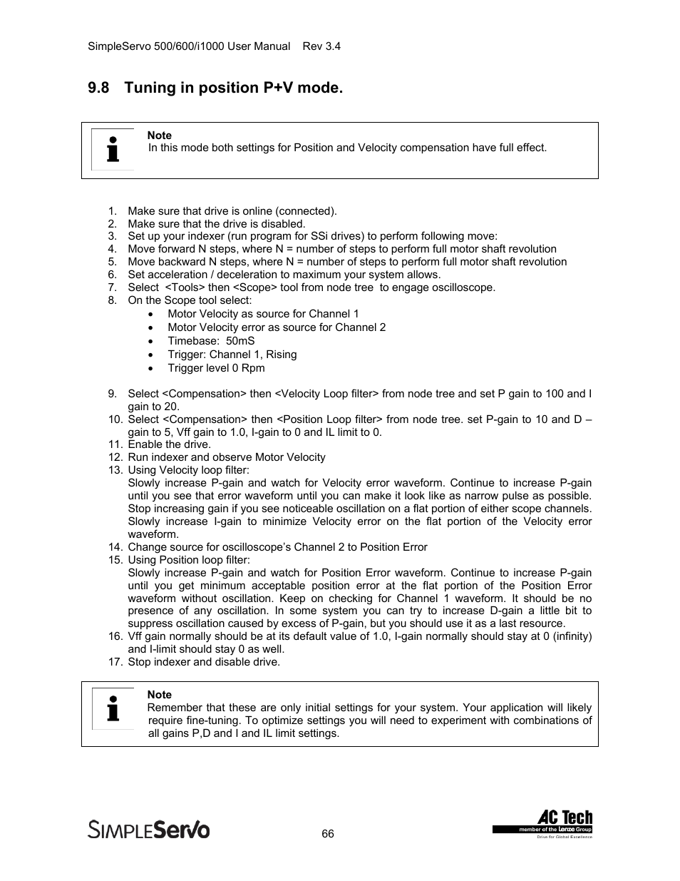 Tuning in position p+v mode, Tuning in position p+v mode. depe, 8 tuning in position p+v mode | Lenze IMSS500+ Simple Servo 500 600 i1000 User Manual | Page 66 / 83