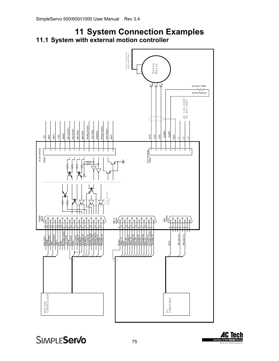 System connection examples, System with external motion controller, S. see section 11 fo | 6 for details on tuning, 11 system connection examples, 1 system with external motion controller, Servo motor | Lenze IMSS500+ Simple Servo 500 600 i1000 User Manual | Page 75 / 83