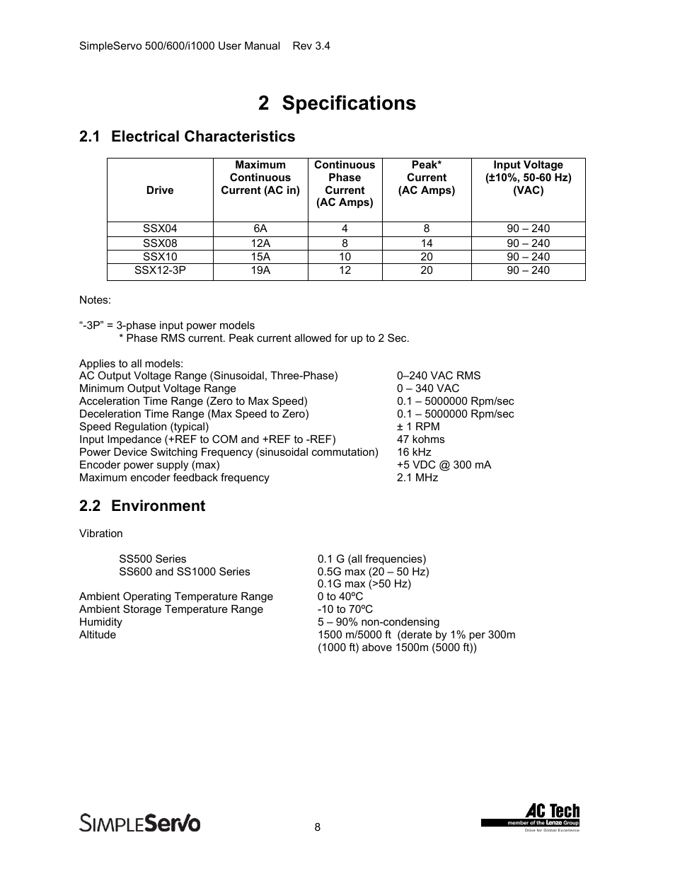 Specifications, Electrical characteristics, Environment | 2 specifications, 1 electrical characteristics, 2 environment | Lenze IMSS500+ Simple Servo 500 600 i1000 User Manual | Page 8 / 83