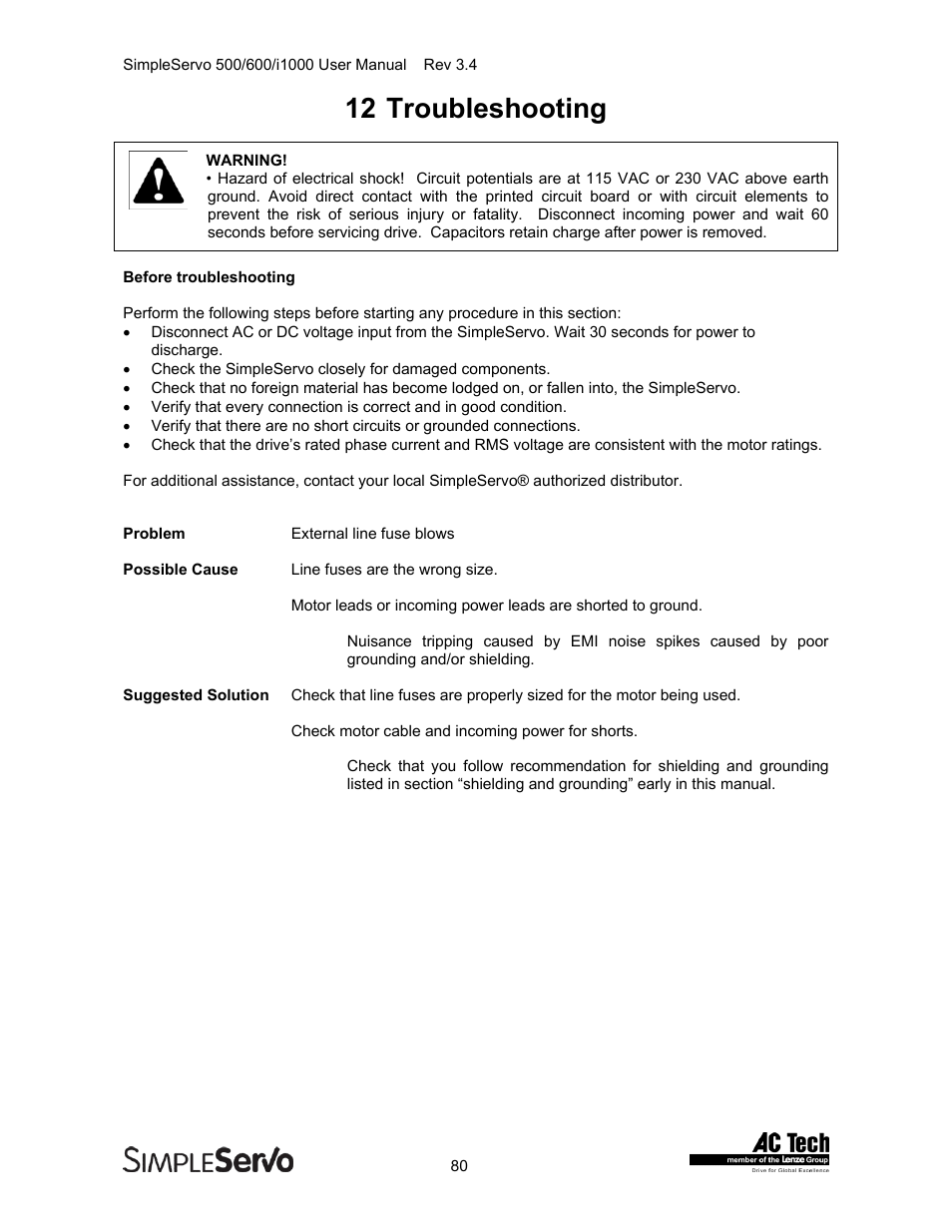 Troubleshooting, 12 troubleshooting | Lenze IMSS500+ Simple Servo 500 600 i1000 User Manual | Page 80 / 83