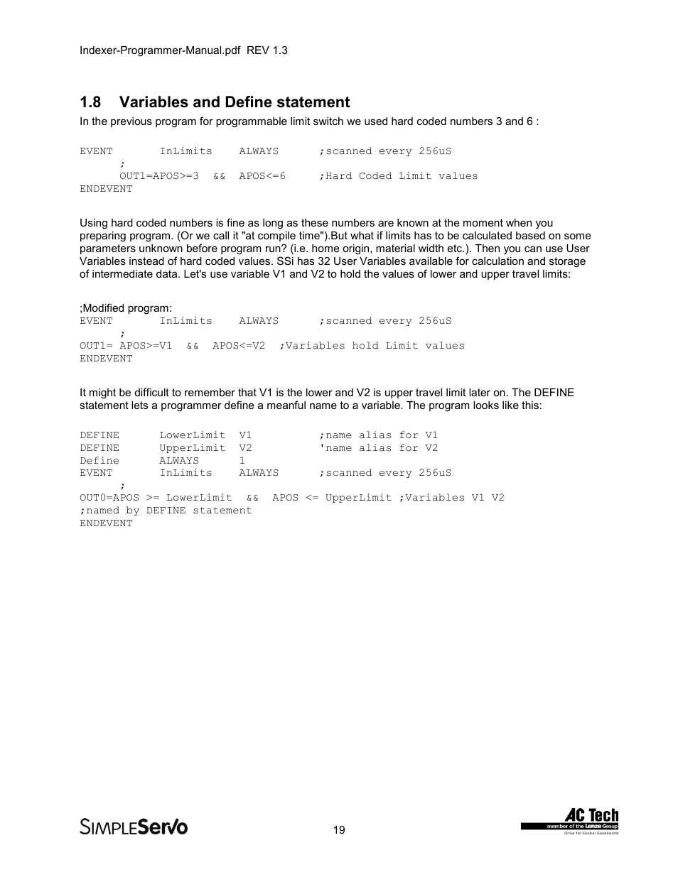 8variables and define statement, Variables and define statement, 8 variables and define statement | Lenze PMSS1000 Simple Servo User Manual | Page 19 / 72