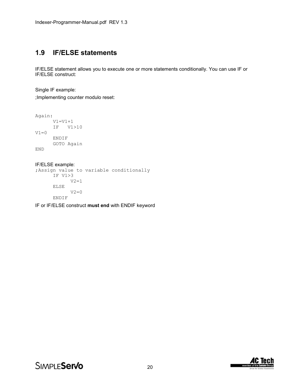 9if/else statements, If/else statements, 9 if/else statements | Lenze PMSS1000 Simple Servo User Manual | Page 20 / 72