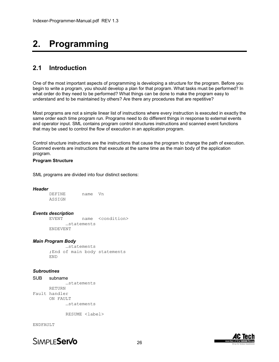 Programming, 1introduction, Introduction | 1 introduction | Lenze PMSS1000 Simple Servo User Manual | Page 26 / 72