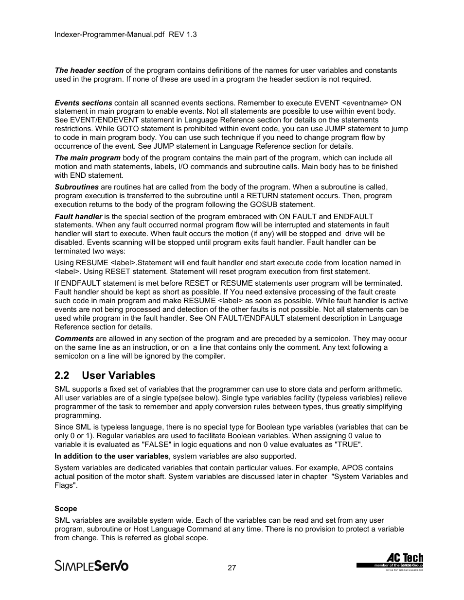 2user variables, User variables, 2 user variables | Lenze PMSS1000 Simple Servo User Manual | Page 27 / 72