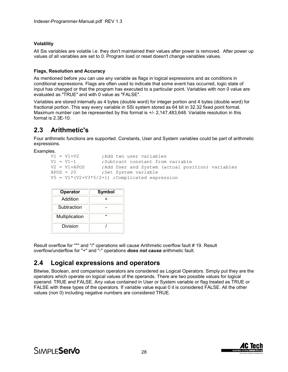3arithmetic's, 4logical expressions and operators, Arithmetic's | Logical expressions and operators, 3 arithmetic's, 4 logical expressions and operators | Lenze PMSS1000 Simple Servo User Manual | Page 28 / 72