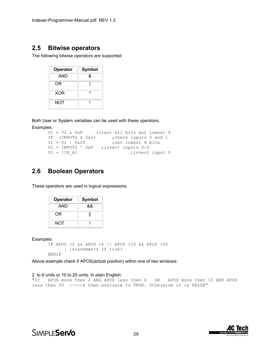 5bitwise operators, 6boolean operators, Bitwise operators | Boolean operators, 5 bitwise operators, 6 boolean operators | Lenze PMSS1000 Simple Servo User Manual | Page 29 / 72