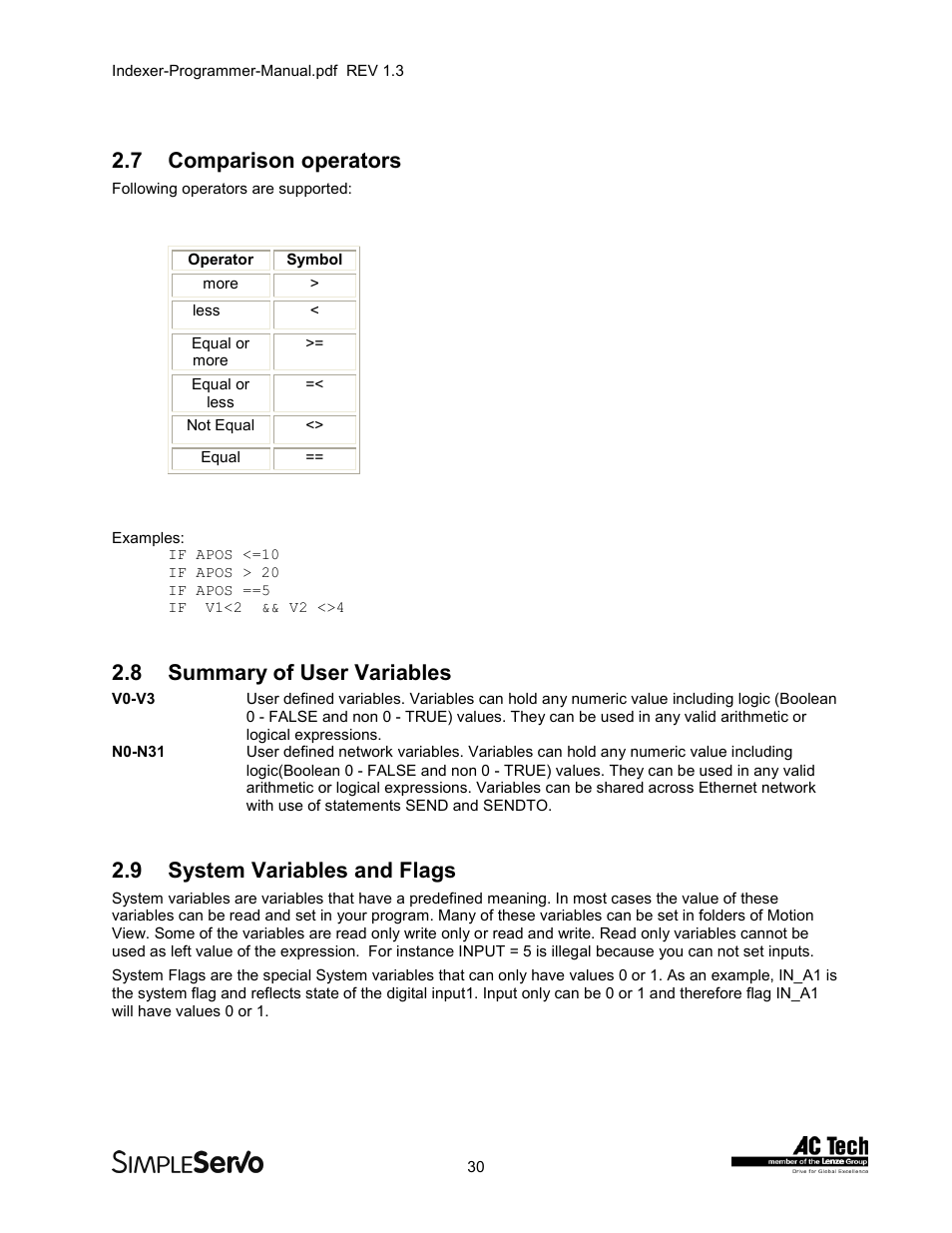 7comparison operators, 8summary of user variables, 9system variables and flags | Comparison operators, Summary of user variables, System variables and flags, 7 comparison operators, 8 summary of user variables, 9 system variables and flags | Lenze PMSS1000 Simple Servo User Manual | Page 30 / 72