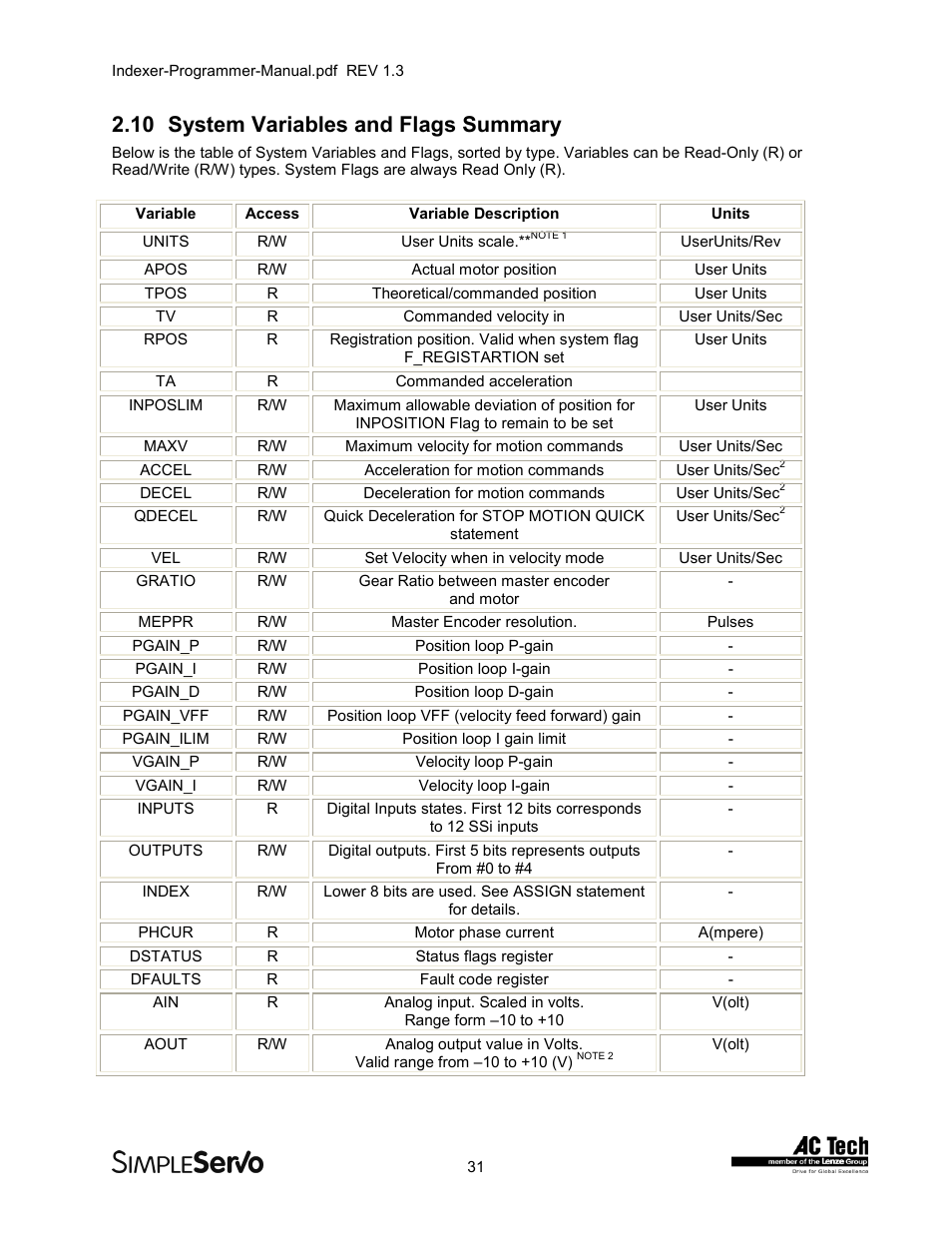 10system variables and flags summary, System variables and flags summary, 10 system variables and flags summary | Lenze PMSS1000 Simple Servo User Manual | Page 31 / 72