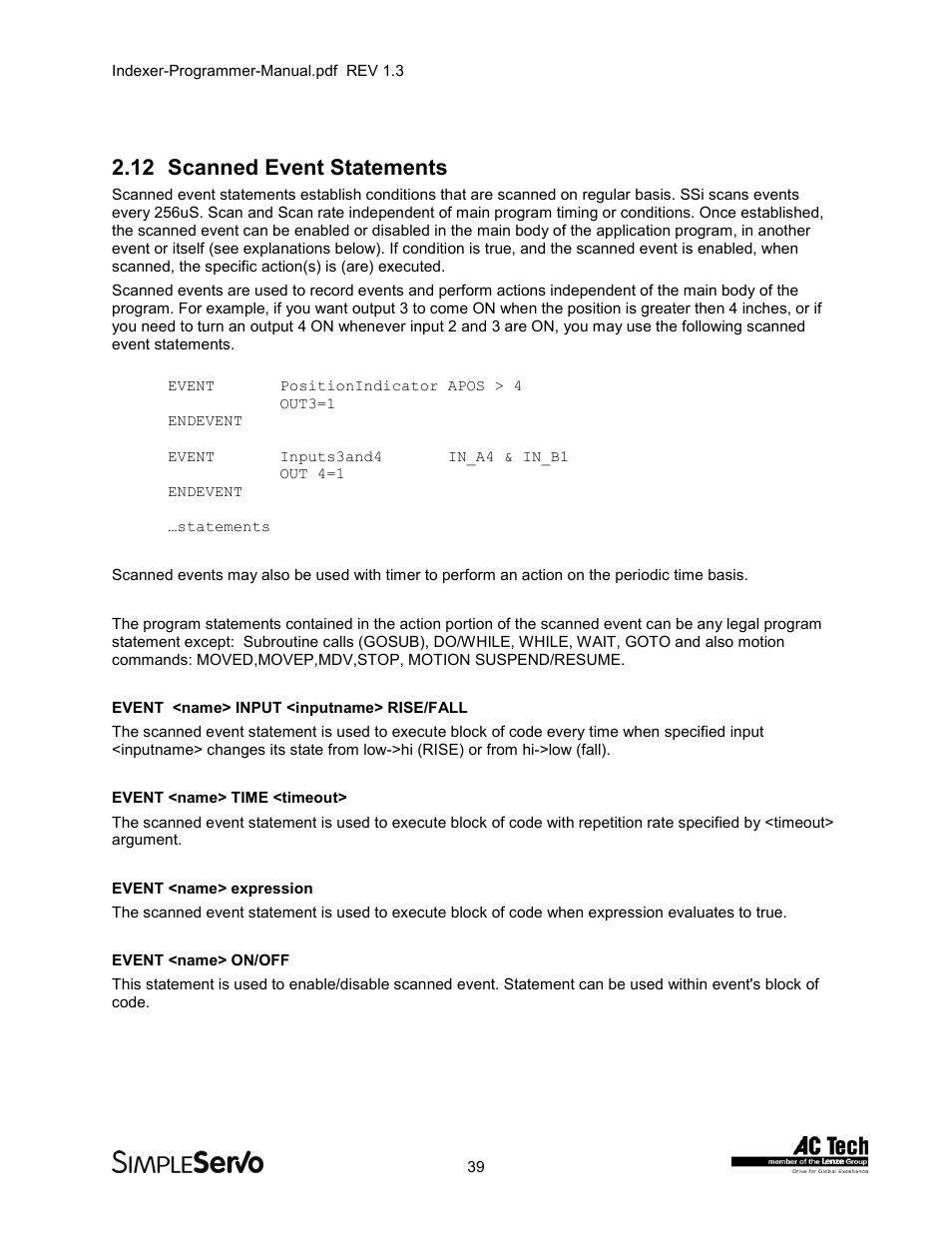 12scanned event statements, Scanned event statements, 12 scanned event statements | Lenze PMSS1000 Simple Servo User Manual | Page 39 / 72