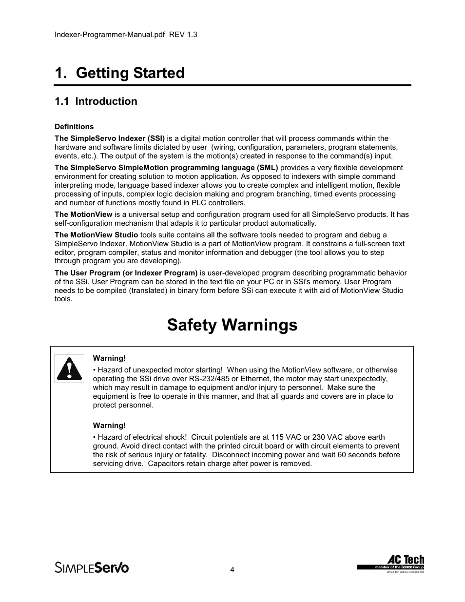 Getting started, 1 introduction, Safety warnings | Lenze PMSS1000 Simple Servo User Manual | Page 4 / 72