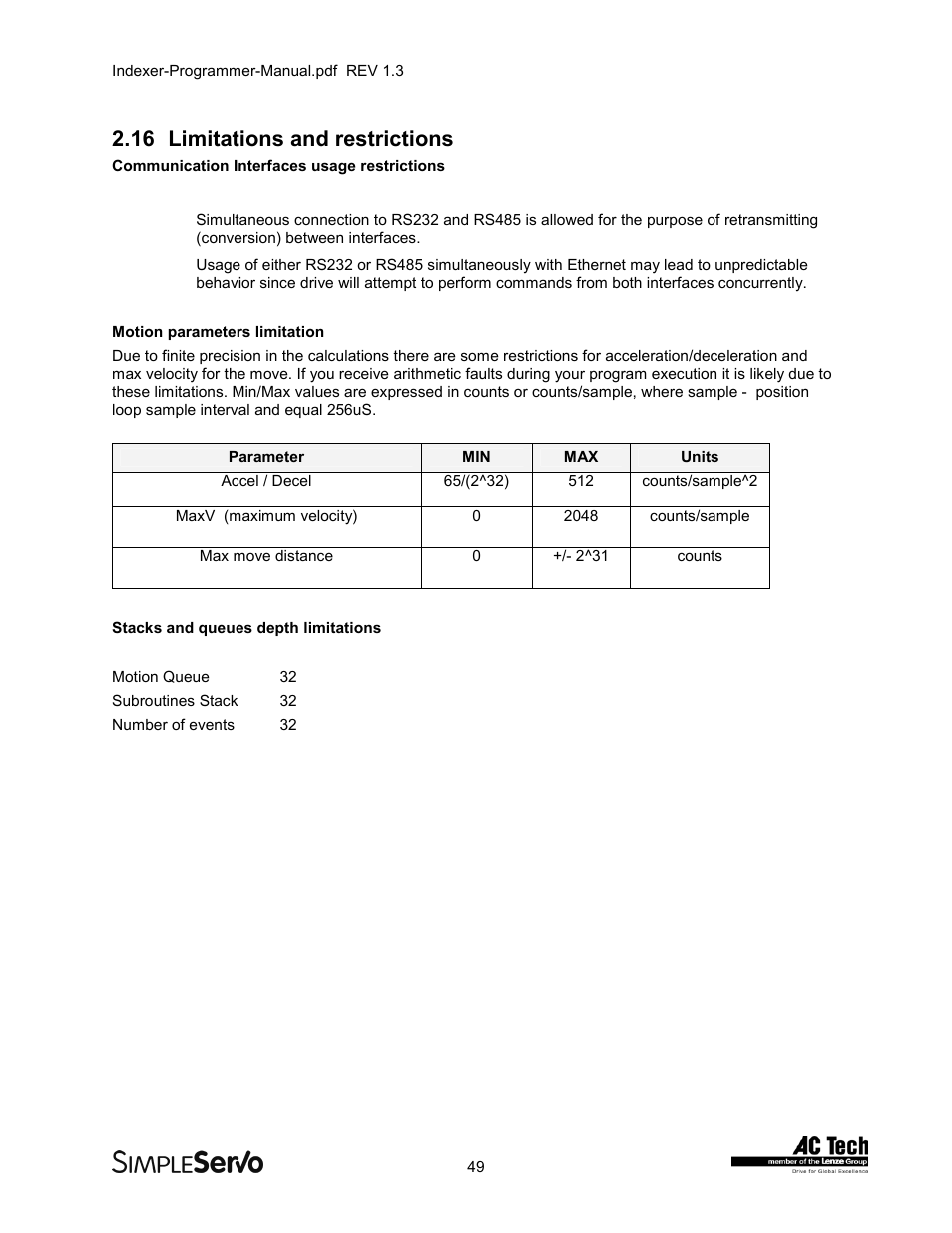 16limitations and restrictions, Limitations and restrictions, 16 limitations and restrictions | Lenze PMSS1000 Simple Servo User Manual | Page 49 / 72