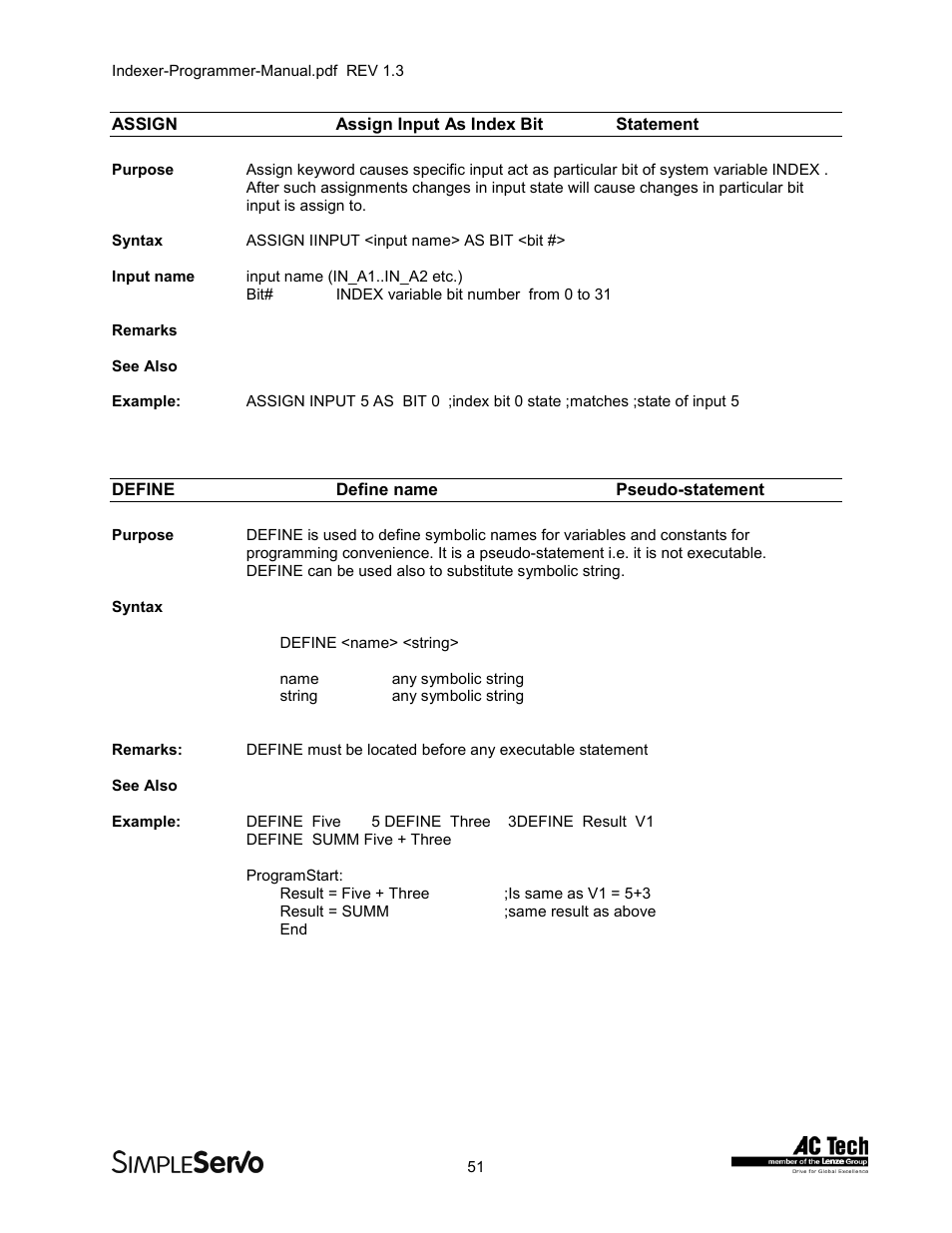 Assignassign input as index bitstatement, Definedefine namepseudo-statement, Assign | Assign input as index bit statement, Define, Define name pseudo-statement | Lenze PMSS1000 Simple Servo User Manual | Page 51 / 72