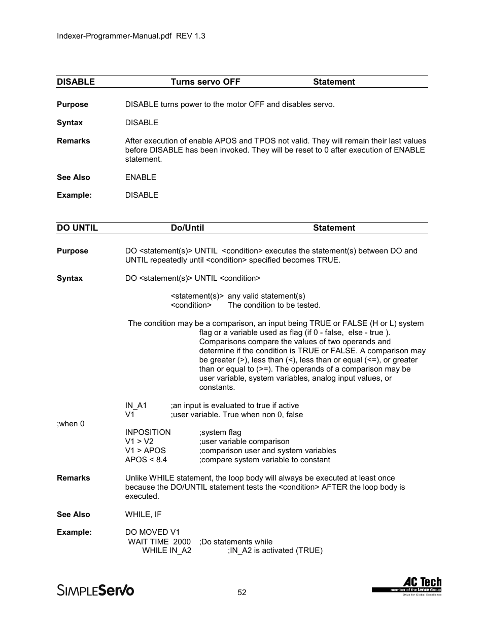 Disableturns servo offstatement, Do untildo/untilstatement, Disable | Turns servo off statement, Do until, Do/until statement | Lenze PMSS1000 Simple Servo User Manual | Page 52 / 72