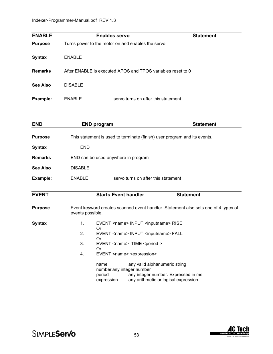 Enableenables servo statement, End end program statement, Eventstarts event handlerstatement | Enable, Enables servo statement, End program statement, Event, Starts event handler statement | Lenze PMSS1000 Simple Servo User Manual | Page 53 / 72