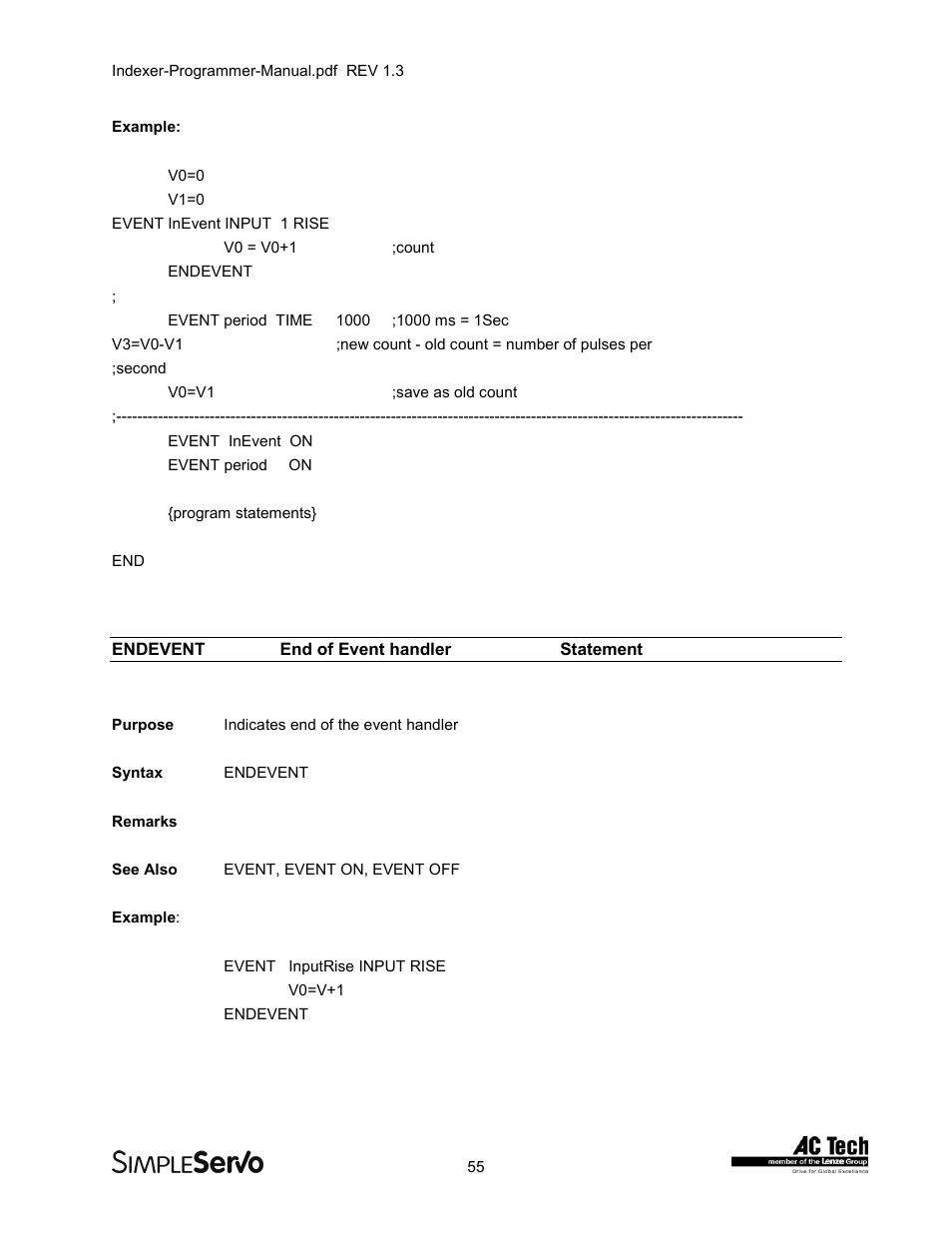 Endeventend of event handler statement, Endevent, End of event handler statement | Lenze PMSS1000 Simple Servo User Manual | Page 55 / 72