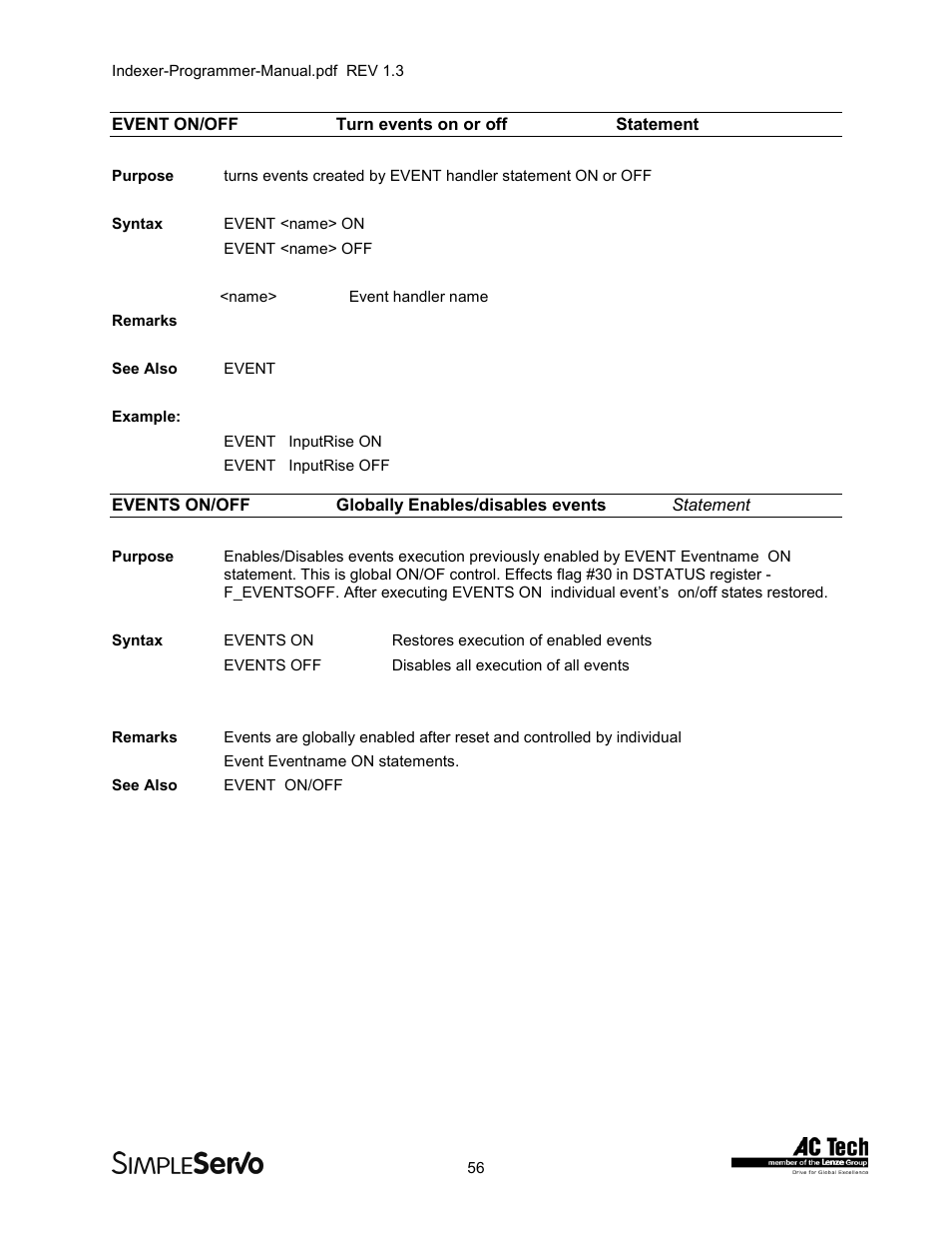 Event on/offturn events on or off statement, Event on/off, Turn events on or off statement | Events on/off, Globally enables/disables events statement | Lenze PMSS1000 Simple Servo User Manual | Page 56 / 72