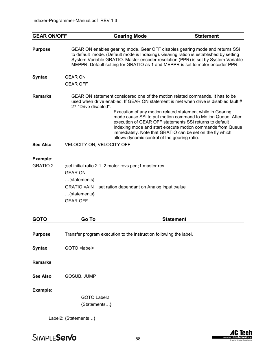Gear on/offgearing mode statement, Gotogo to statement, Gear on/off | Gearing mode statement, Goto, Go to statement | Lenze PMSS1000 Simple Servo User Manual | Page 58 / 72