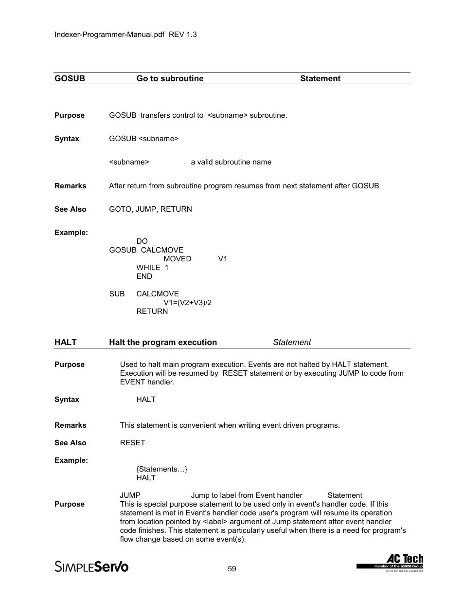 Gosubgo to subroutine statement, Halthalt the program execution statement, Gosub | Go to subroutine statement, Halt, Halt the program execution statement | Lenze PMSS1000 Simple Servo User Manual | Page 59 / 72